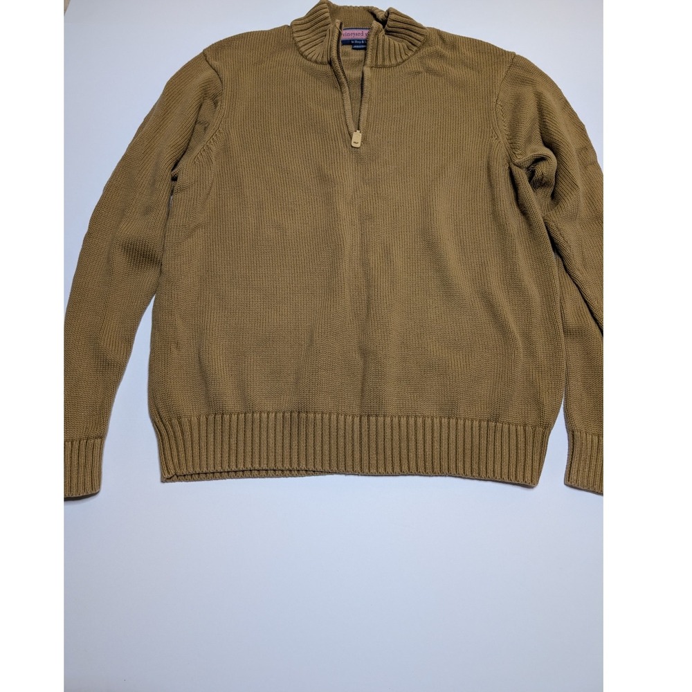 Vineyard Vines Mens Large 1/4 Zip Pima Cotton Sweater Tan Khaki Mock Neck